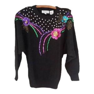 Vintage 80's Sweater Glam Black Sequin Dolman Sleeves Sz M
